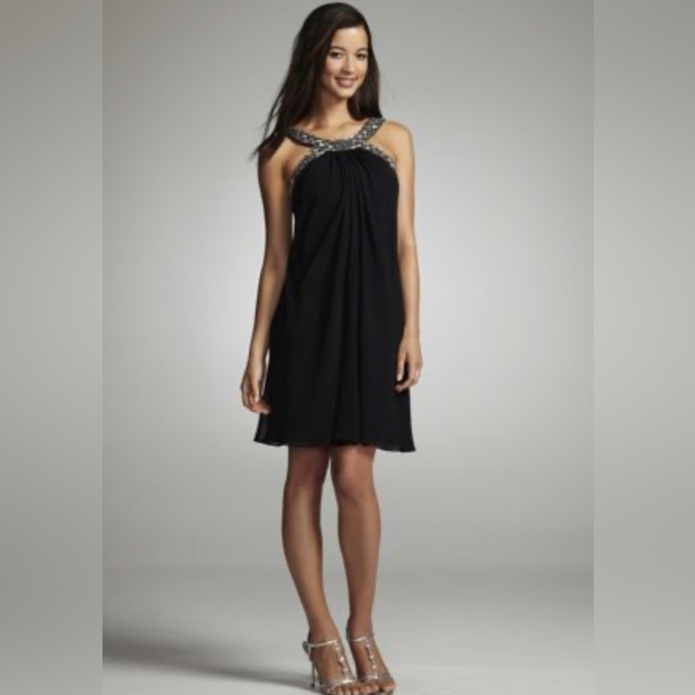 JS Boutique Beaded Neckline Strappy Chiffon Swing Dress Black SZ 8